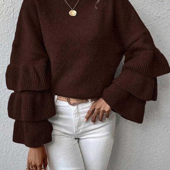 Coffee Brown Casual Women's Loose Sweater with Ruffle Hem and Drop Shoulder - Picture 5 of 6